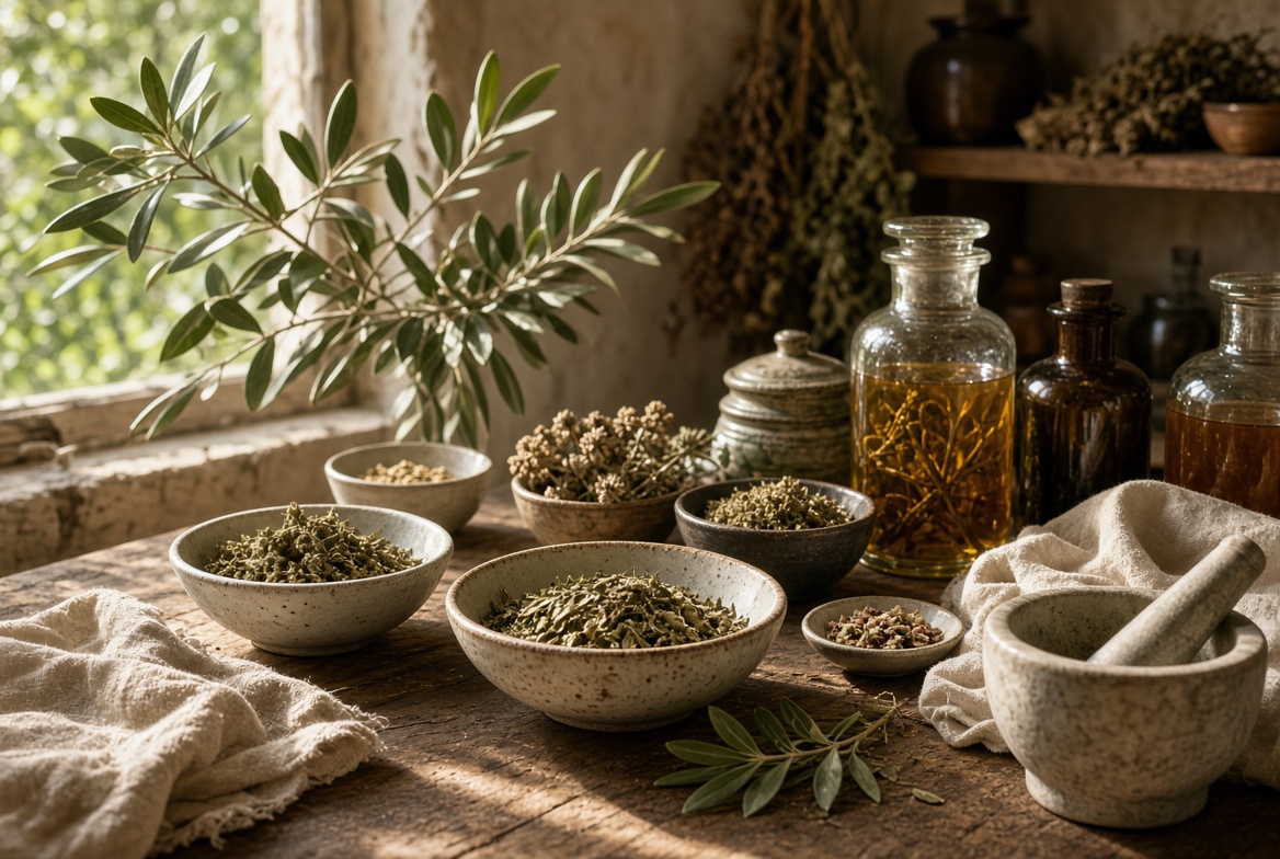 Atelier de plantes séchées, bocaux et mortier sur une table de bois